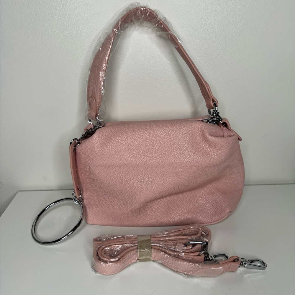 NWT Pink Woven Vegan Pebbled Leather Shoulder Bag with Additional Strap - Picture 3 of 6